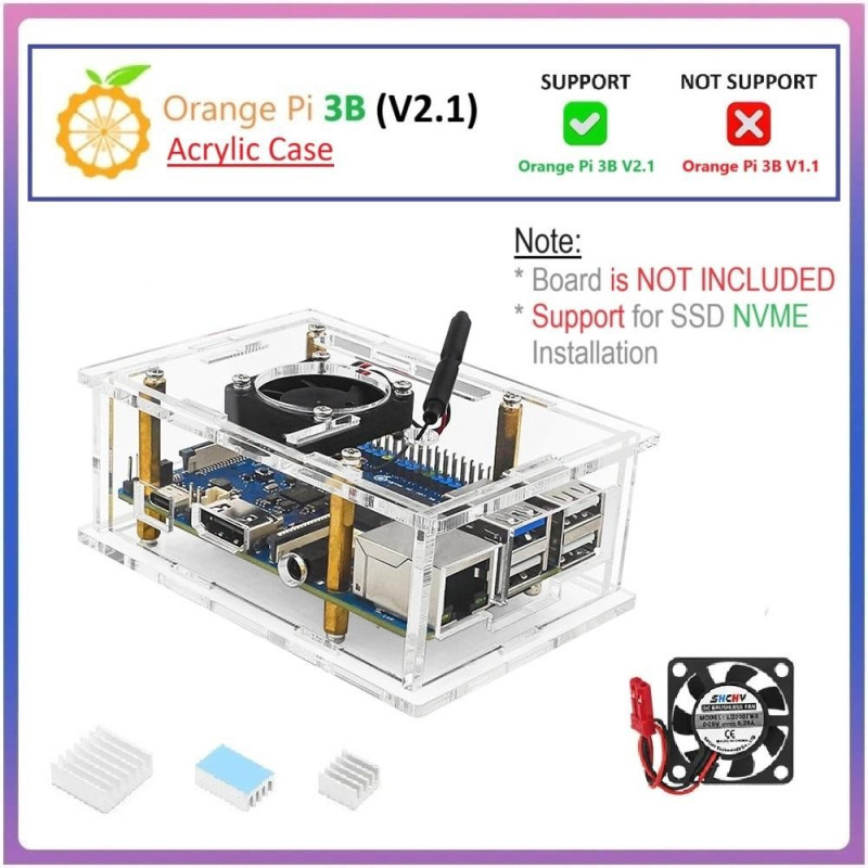 Acrylic Case Compatible for Orange Pi 3B V2.1  Orange Pi 4A with Cooling Fan